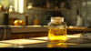 A jar of rendered tallow on a bench in a kitchen