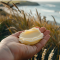 NZ Beef tallow in the hand with a New Zealand beach background
