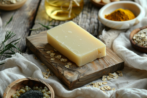A block of unscented soap surrounded by natural ingredients