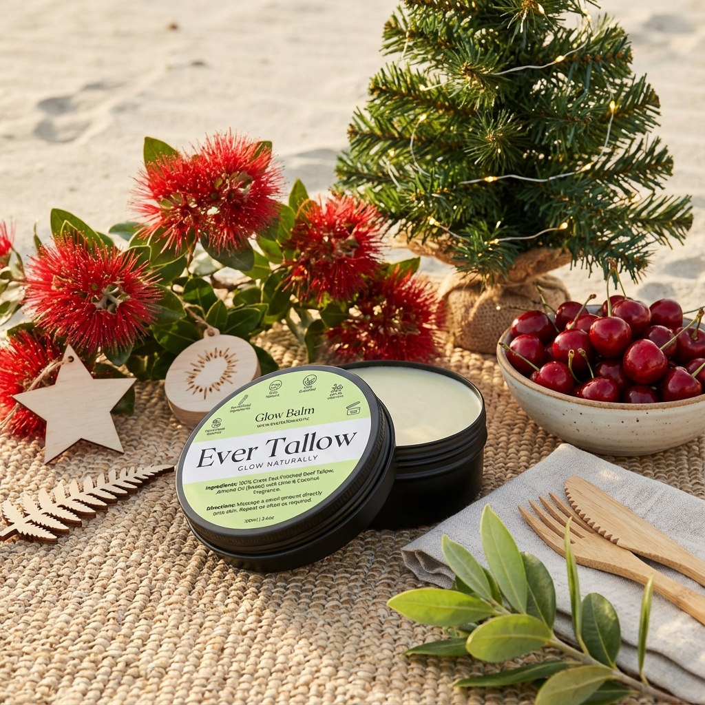 Ever Tallow product with Christmas decorations and natural elements on a woven surface