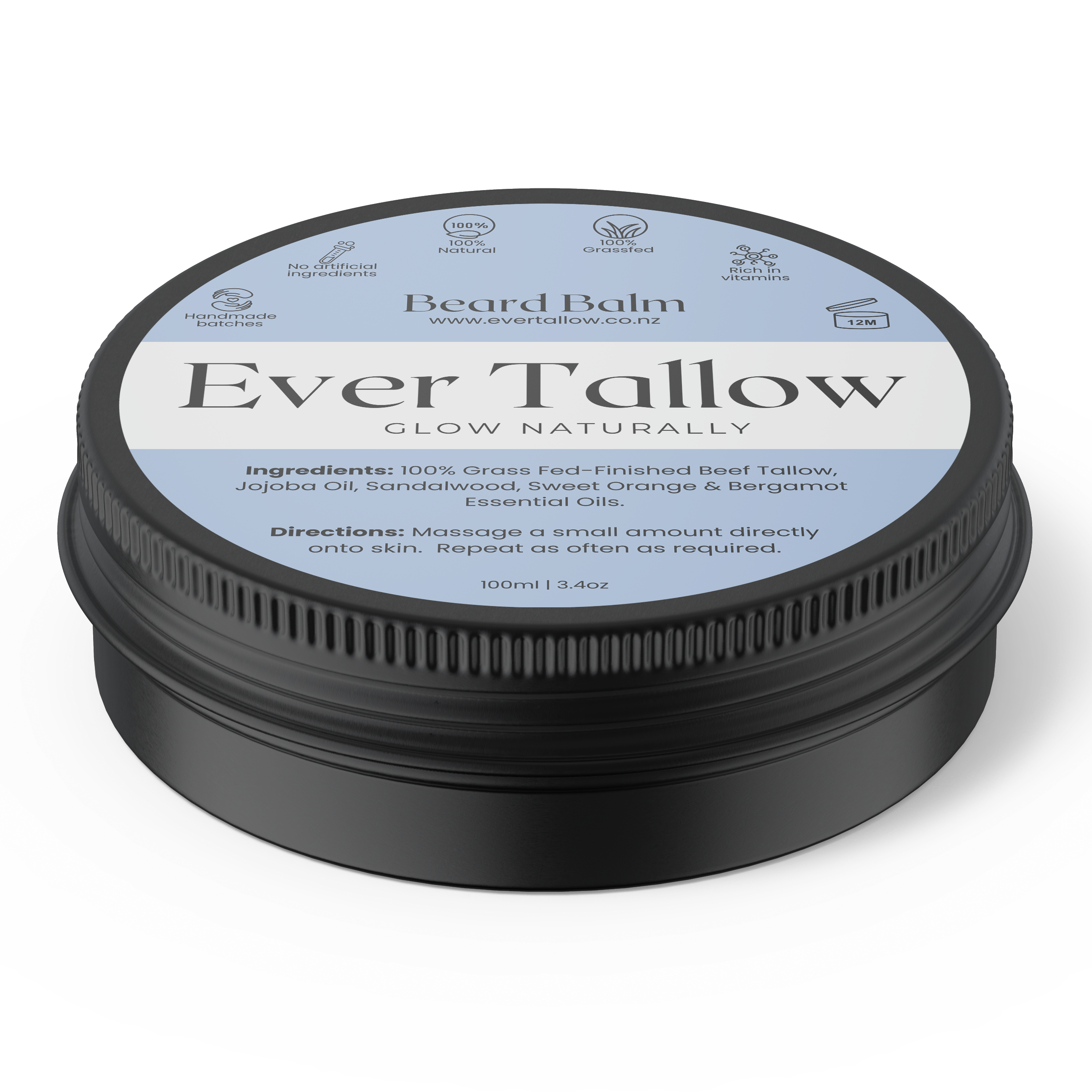 Ever Tallow beard balm container with label on a white background