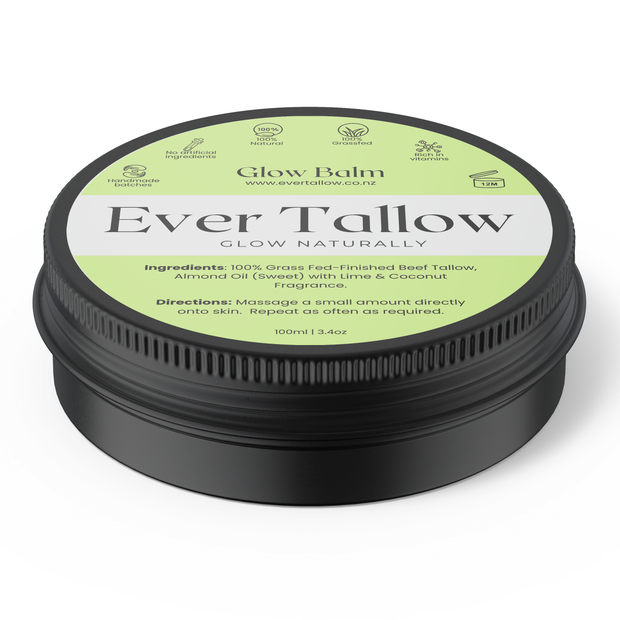 Ever Tallow Glow Balm container with green label on a white background