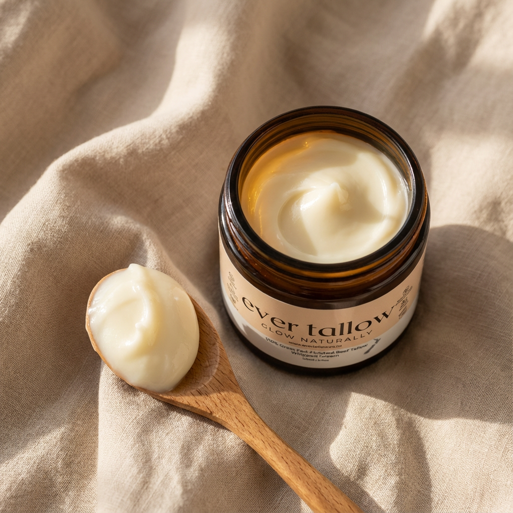 Jar of cream with a wooden spoon on a beige fabric background