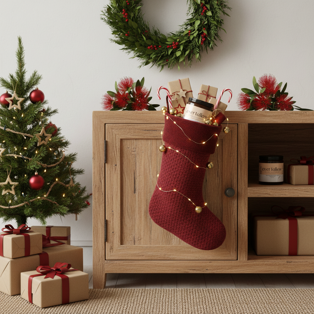 Bare whipped tallow tucked inside a full Christmas stocking hanging on a low cabinet.