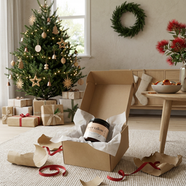 Bare whipped tallow inside an open gift box with soft white tissue paper. Torn kraft wrapping and red ribbon pieces scattered on a light rug.