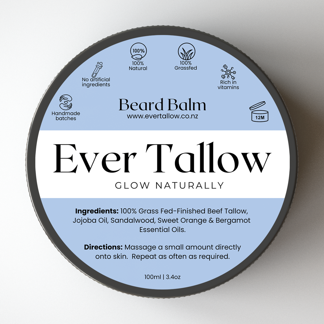 Ever Tallow beard balm container with label on a white background