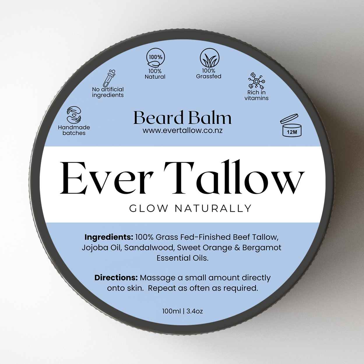 Ever Tallow beard balm container with label on a white background