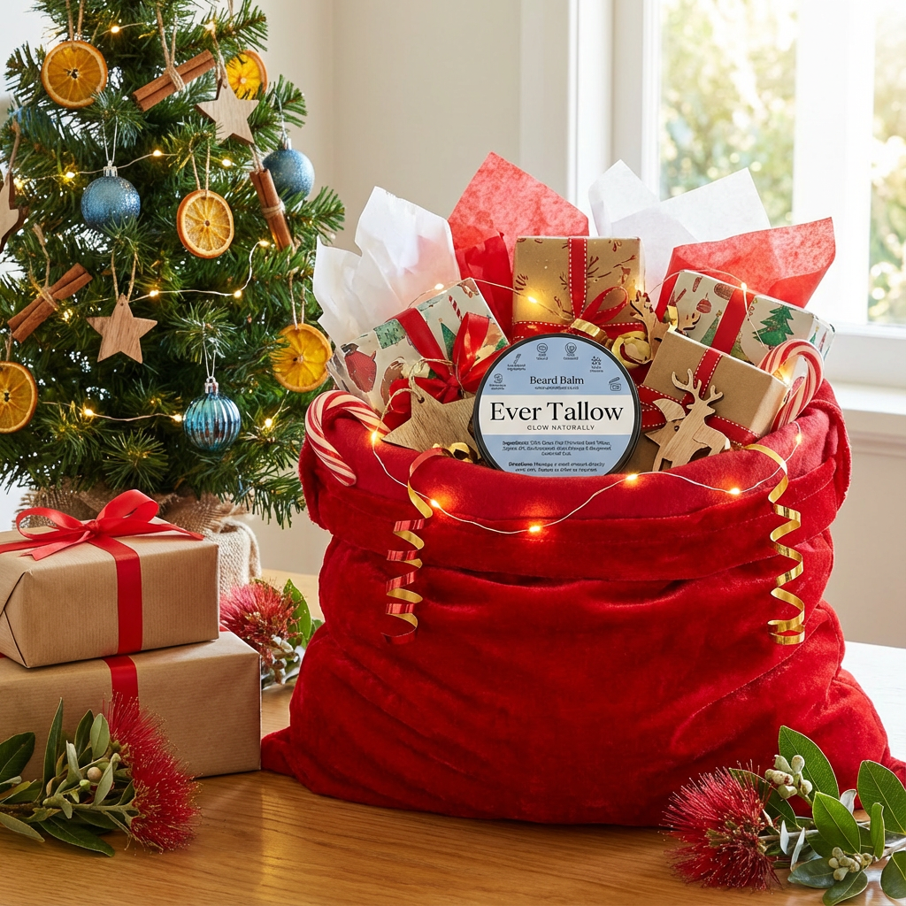 Red gift bag with Christmas-themed items in front of a decorated tree