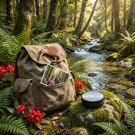 Backpack with a kiwi bird ornament in a forest setting with a stream and flowers. Ever Tallow Beard Balm beside tramping  bag