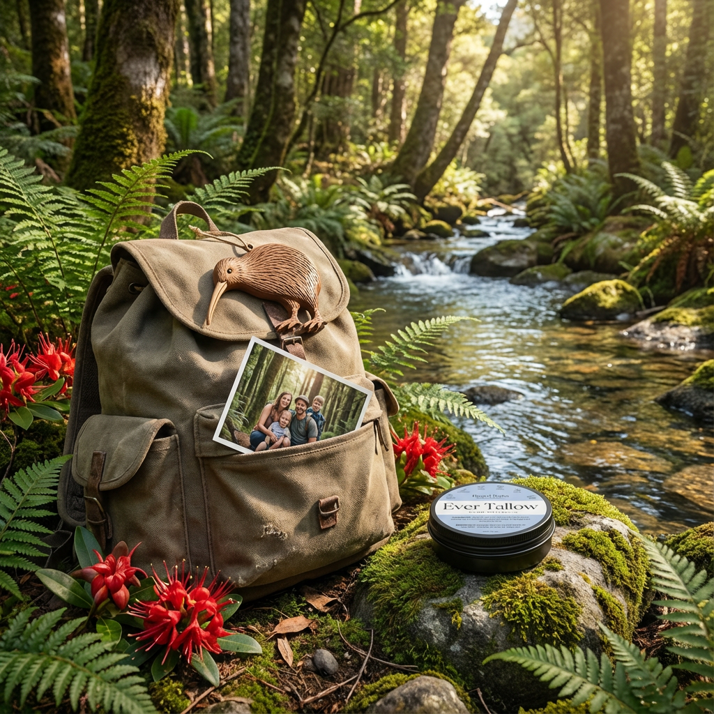 Backpack with a kiwi bird ornament in a forest setting with a stream and flowers. Ever Tallow Beard Balm beside tramping  bag