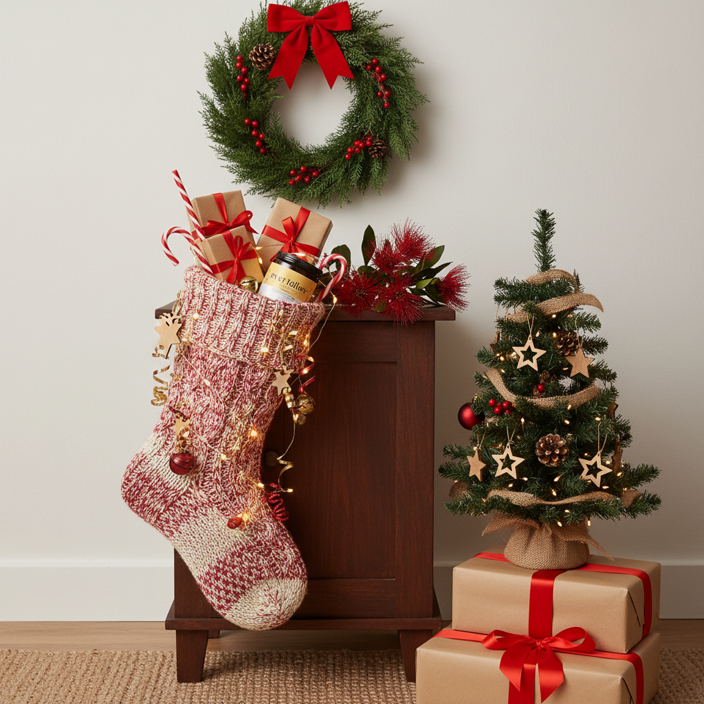 Beef Tallow, Calendula, and Rose-infused Olive Oil tucked inside a full Christmas stocking hanging on a low cabinet.