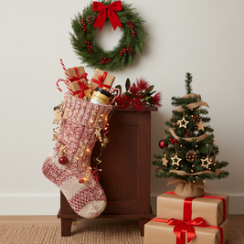 Beef Tallow, Calendula, and Rose-infused Olive Oil tucked inside a full Christmas stocking hanging on a low cabinet.