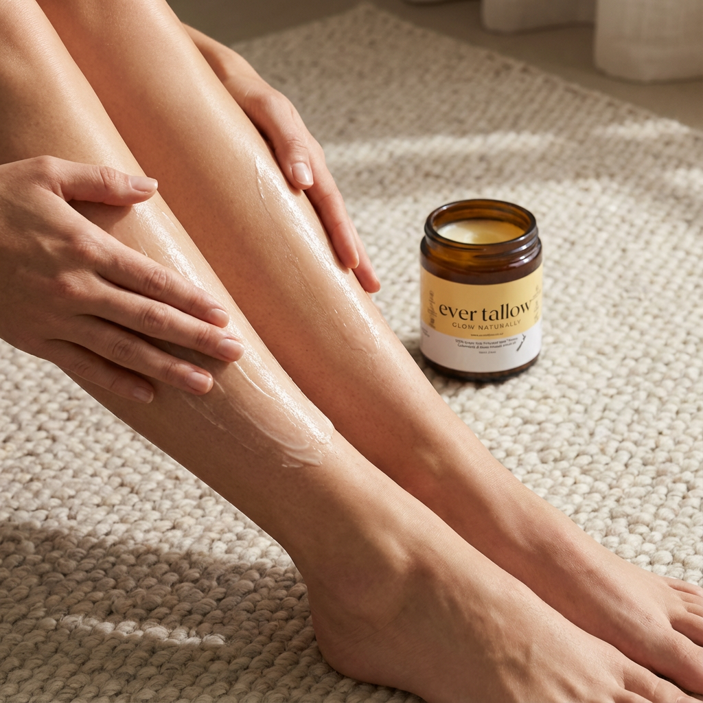 Person applying cream to their leg with a jar of 'ever tallow' cream on a textured surface.
