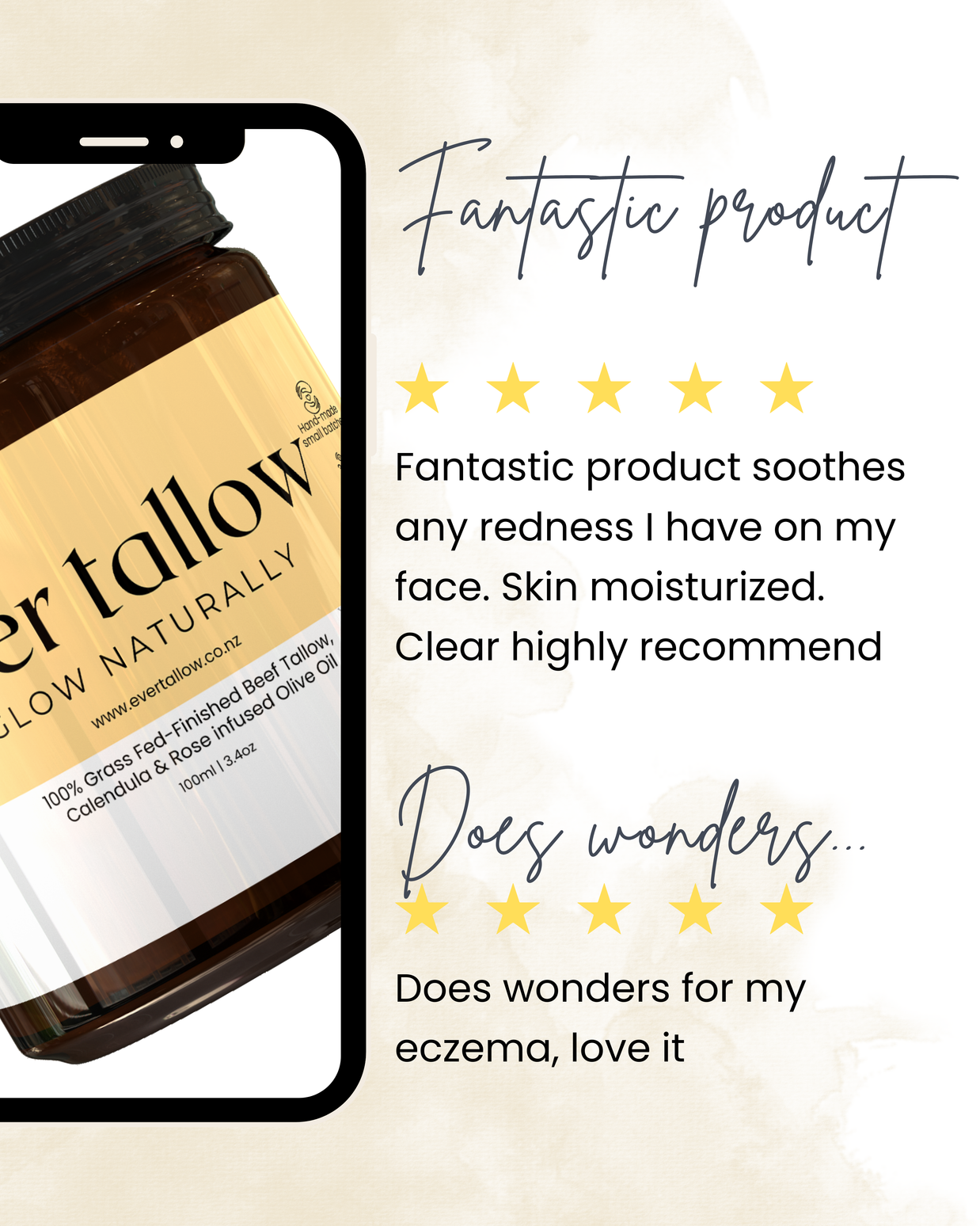 Jar of Beef_Tallow_Calendula_and_Rose_infused_Olive_Oil product with customer reviews on a beige background