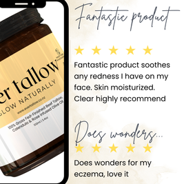 Jar of Beef_Tallow_Calendula_and_Rose_infused_Olive_Oil product with customer reviews on a beige background