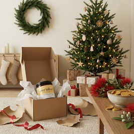 Beef Tallow Calendula and Rose-infused Olive Oil inside an open gift box with soft white tissue paper. Torn kraft wrapping and red ribbon pieces scattered on a light rug.