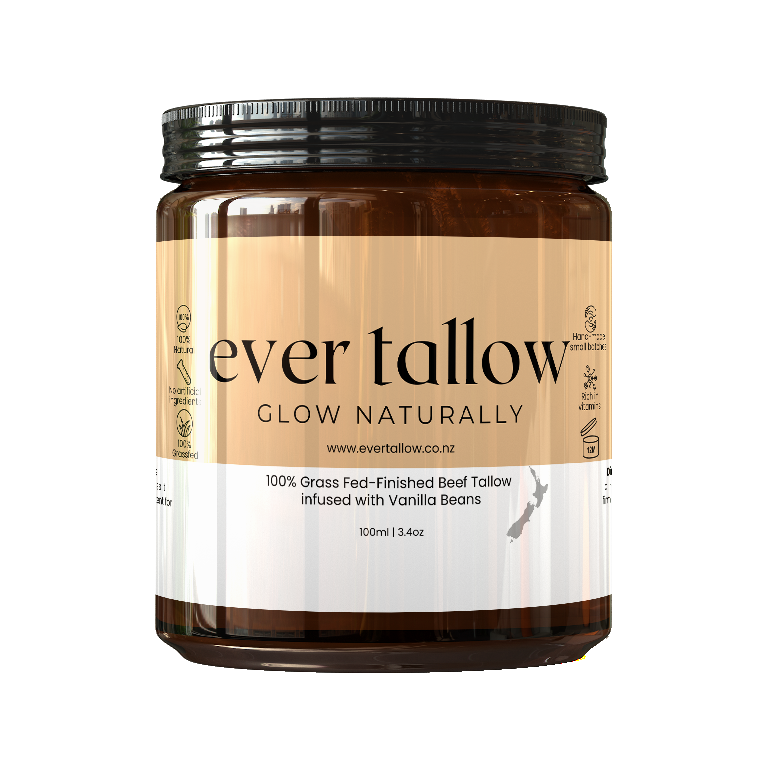 Jar of 'Ever Tallow' Beef_Tallow_infused_with_Vanilla_Beanswith a label on a white background