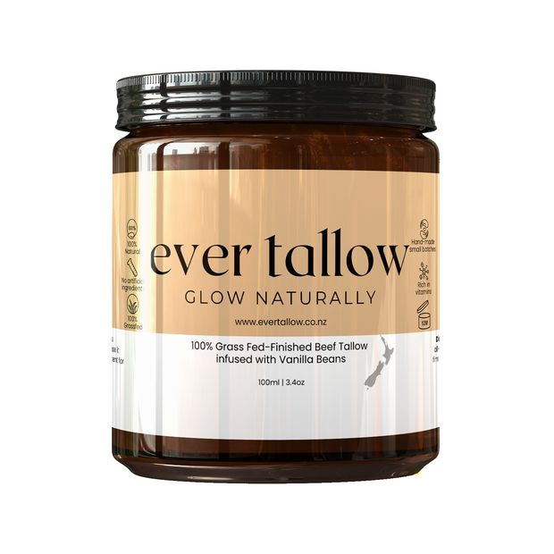 Jar of 'Ever Tallow' Beef_Tallow_infused_with_Vanilla_Beanswith a label on a white background