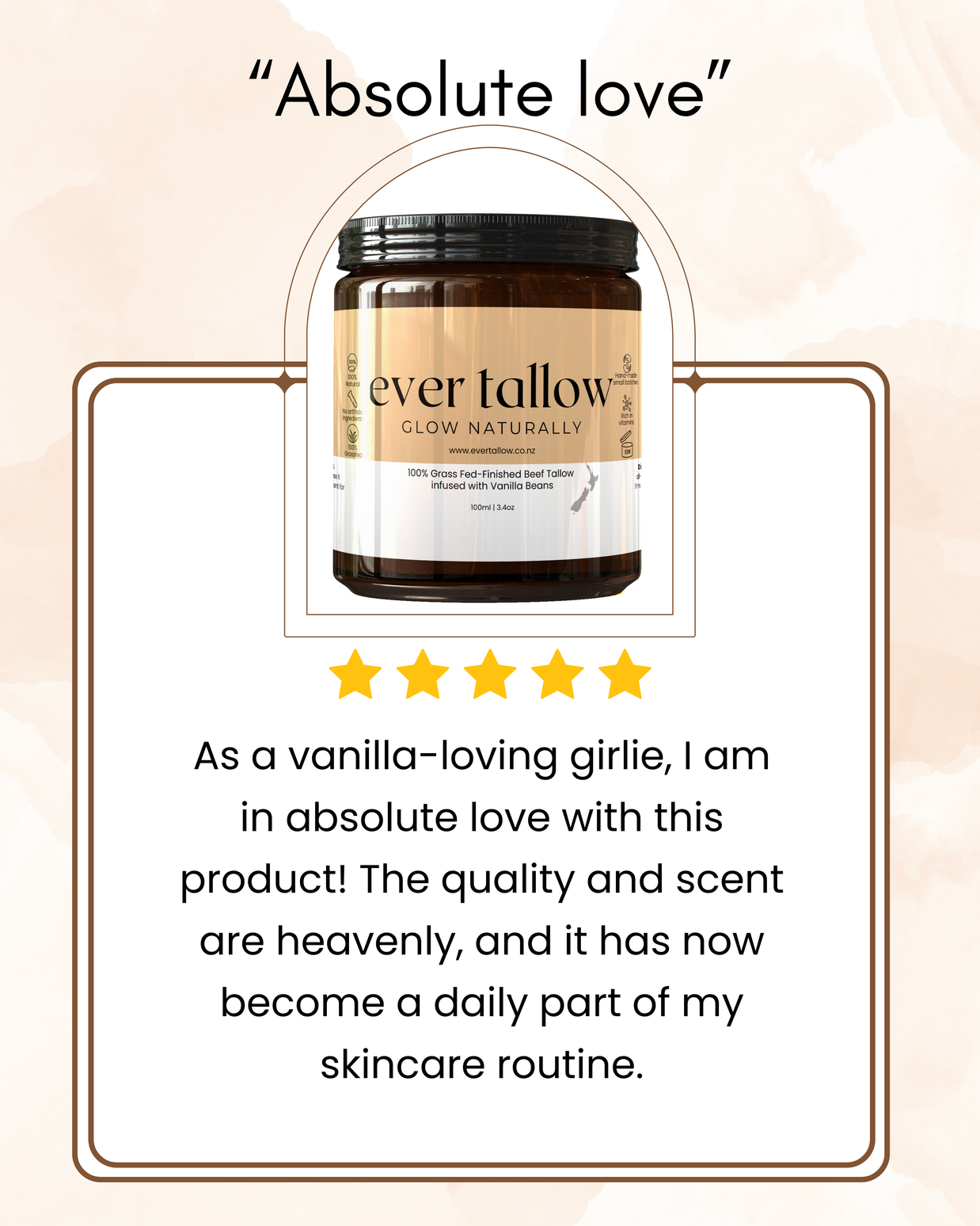 Jar of 'Ever Tallow' Beef Tallow infused with Vanilla Beans with a five-star rating and customer review on a beige background.