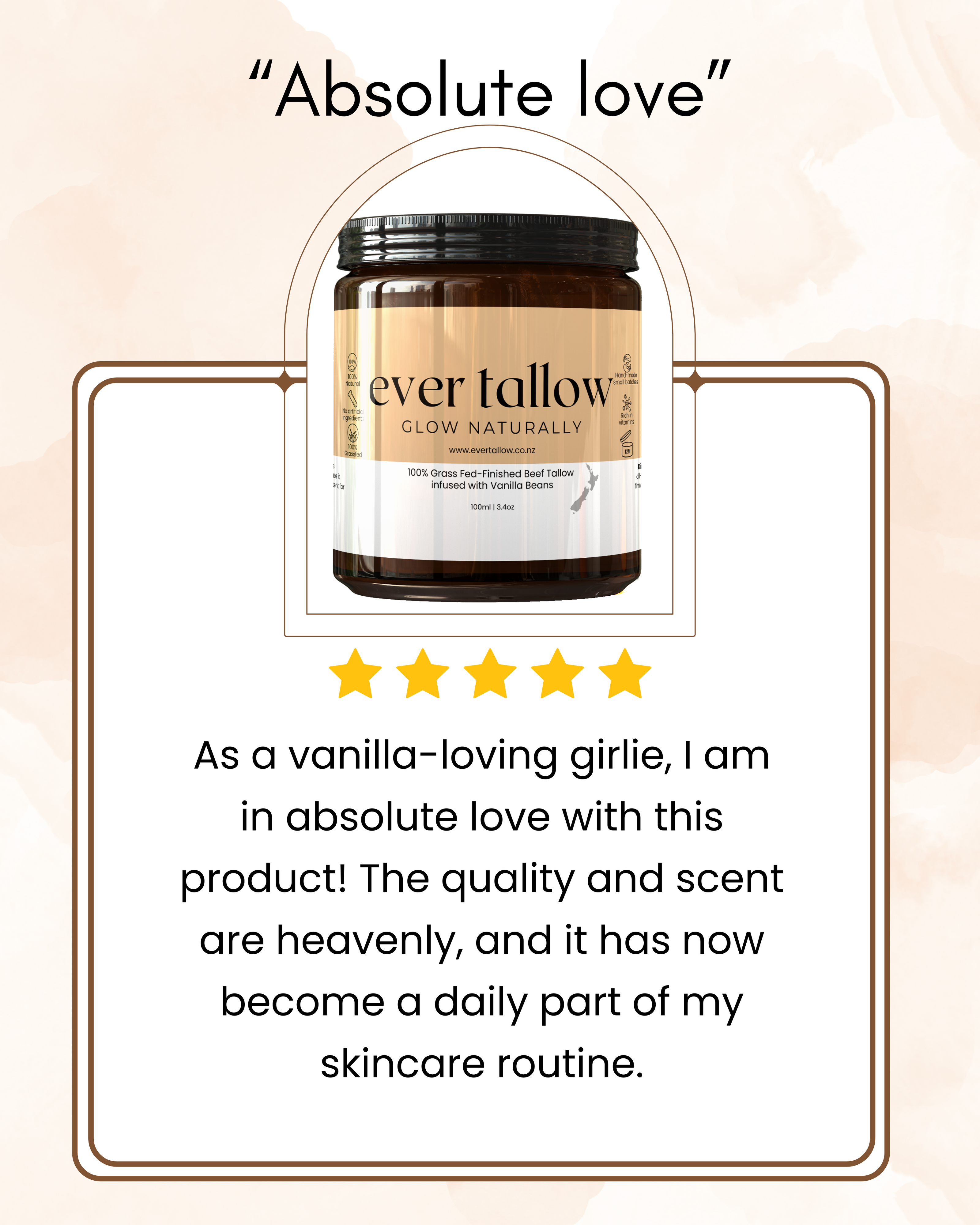 Jar of 'Ever Tallow' Beef Tallow infused with Vanilla Beans with a five-star rating and customer review on a beige background.