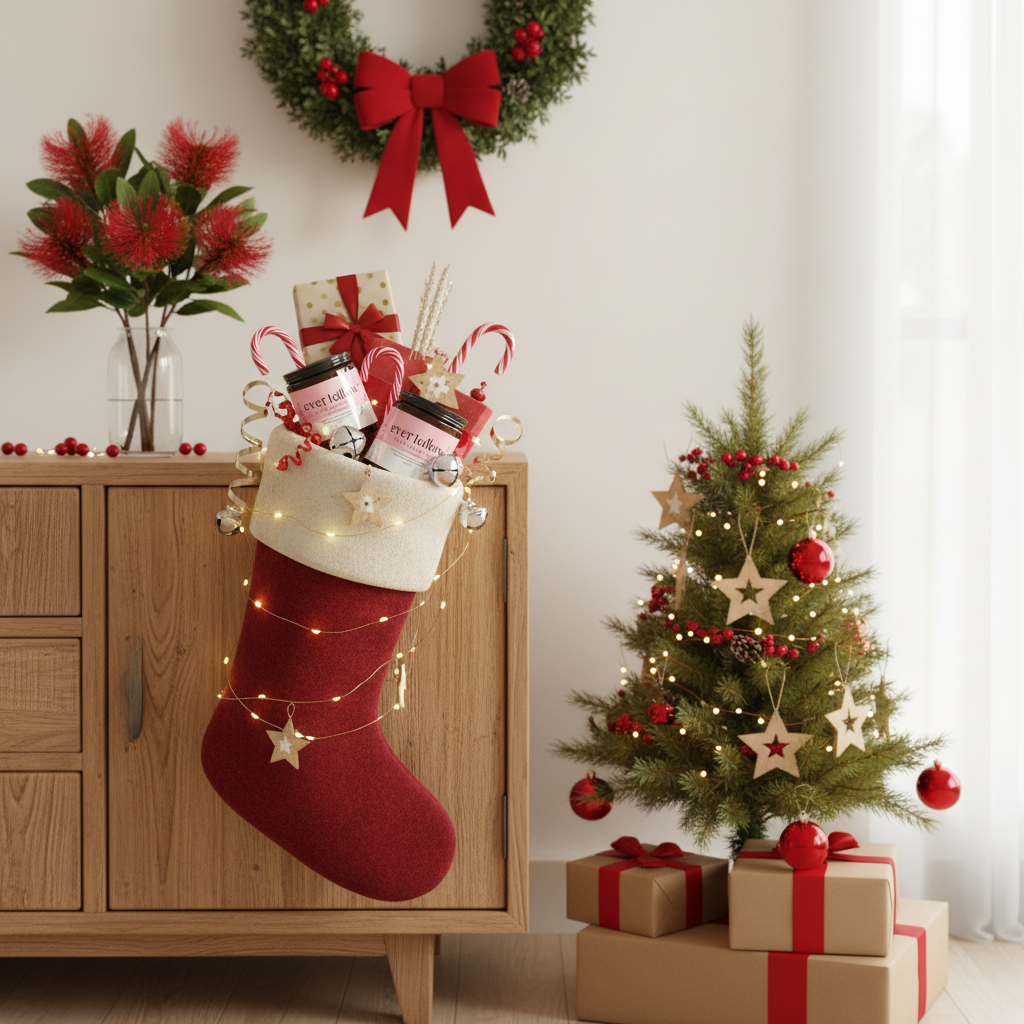 Beef Tallow with Jojoba Oil, Frankincense, and rose whipped tallow tucked inside a full Christmas stocking hanging on a low cabinet.