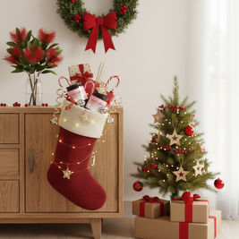Beef Tallow with Jojoba Oil, Frankincense, and rose whipped tallow tucked inside a full Christmas stocking hanging on a low cabinet.