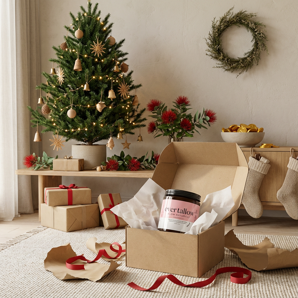 Beef Tallow with Jojoba Oil, Frankincense, and Rose whipped tallow tucked inside a full Christmas stocking hanging on a low cabinet.