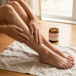 A person applying 'Ever Tallow' Beef Tallow with Jojoba Oil, Frankincense, and Rosecream on a wooden floor.