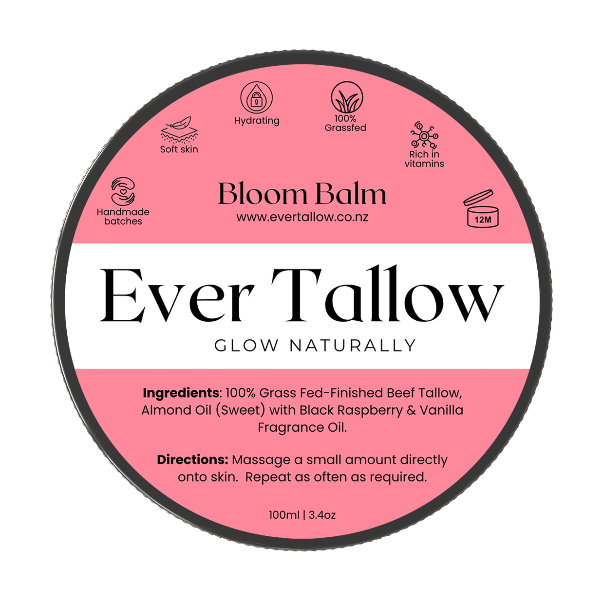 A round product label for Bloom Balm Ever Tallow, showing a pink and white design with black text and icons, on a plain white background.