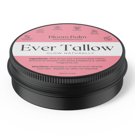 A round black jar of Bloom Balm Ever Tallow body butter with a pink and white label, shown on a clean white background.