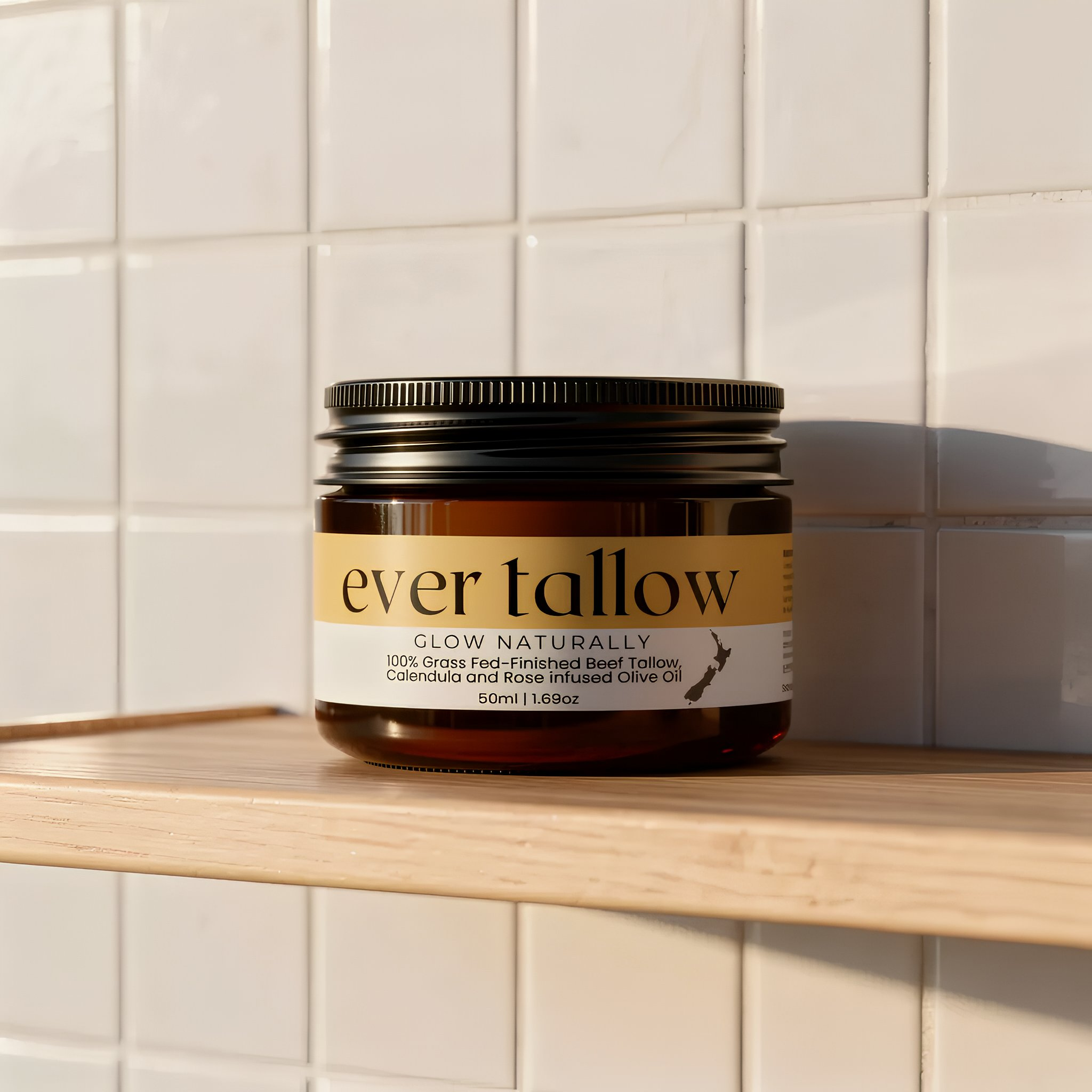 Jar of 'ever tallow' on a wooden shelf with tiled wall background