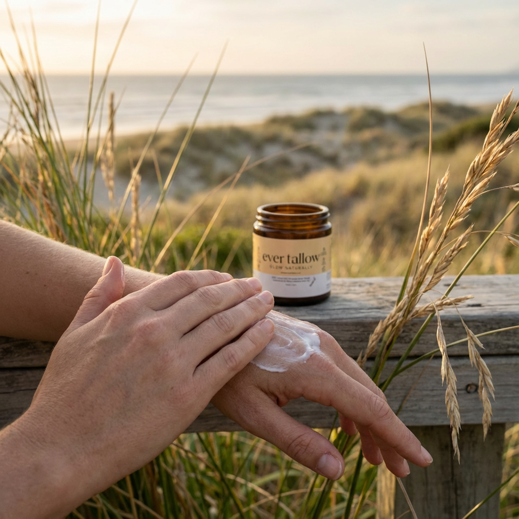 Person applying cream to hand with jar of 'ever tallow' balm in beach setting
