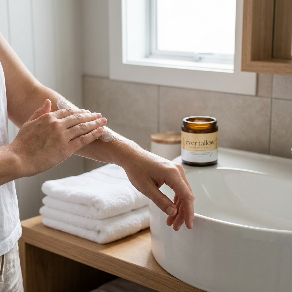 Person applying calendula and rose tallow to arm in bathroom counter