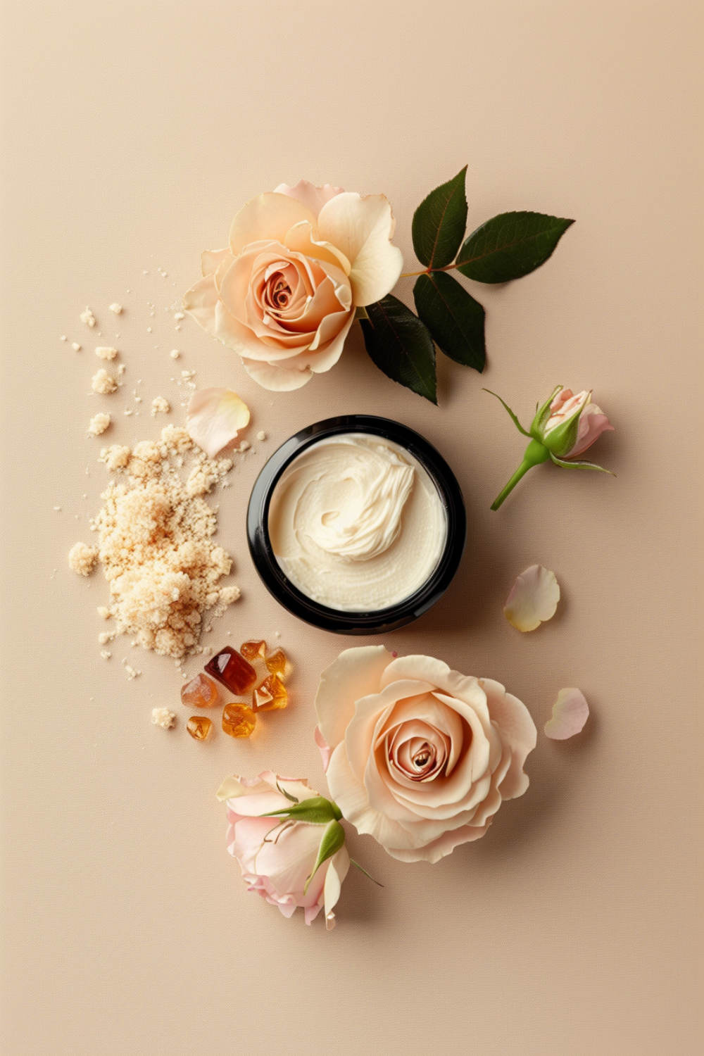 Ever Tallow Beef Tallow with Jojoba Oil, Frankincense, and Rose in an amber container surrounded by flowers and petals on a beige background