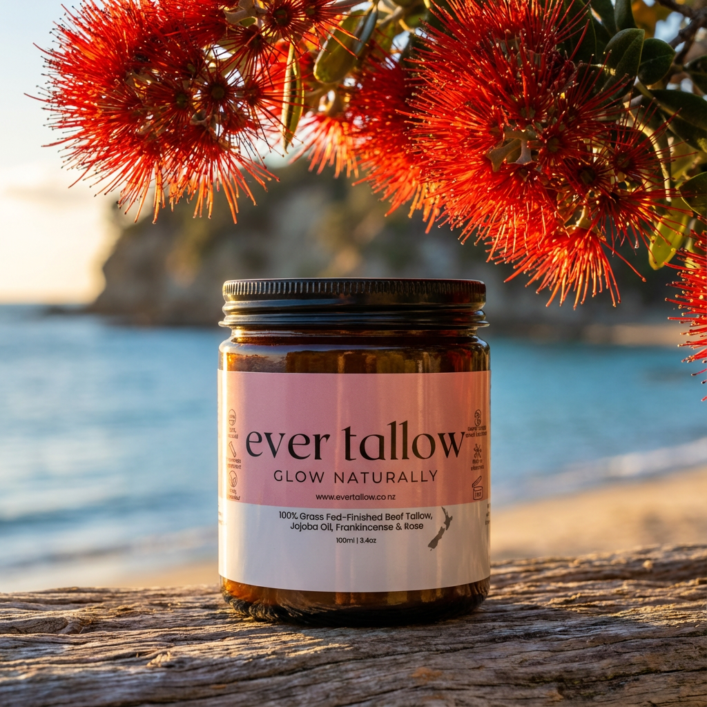 Beef Tallow with Jojoba Oil, Frankincense, and Rose under sunlit pōhutukawa blooms glowing red in golden hour light.