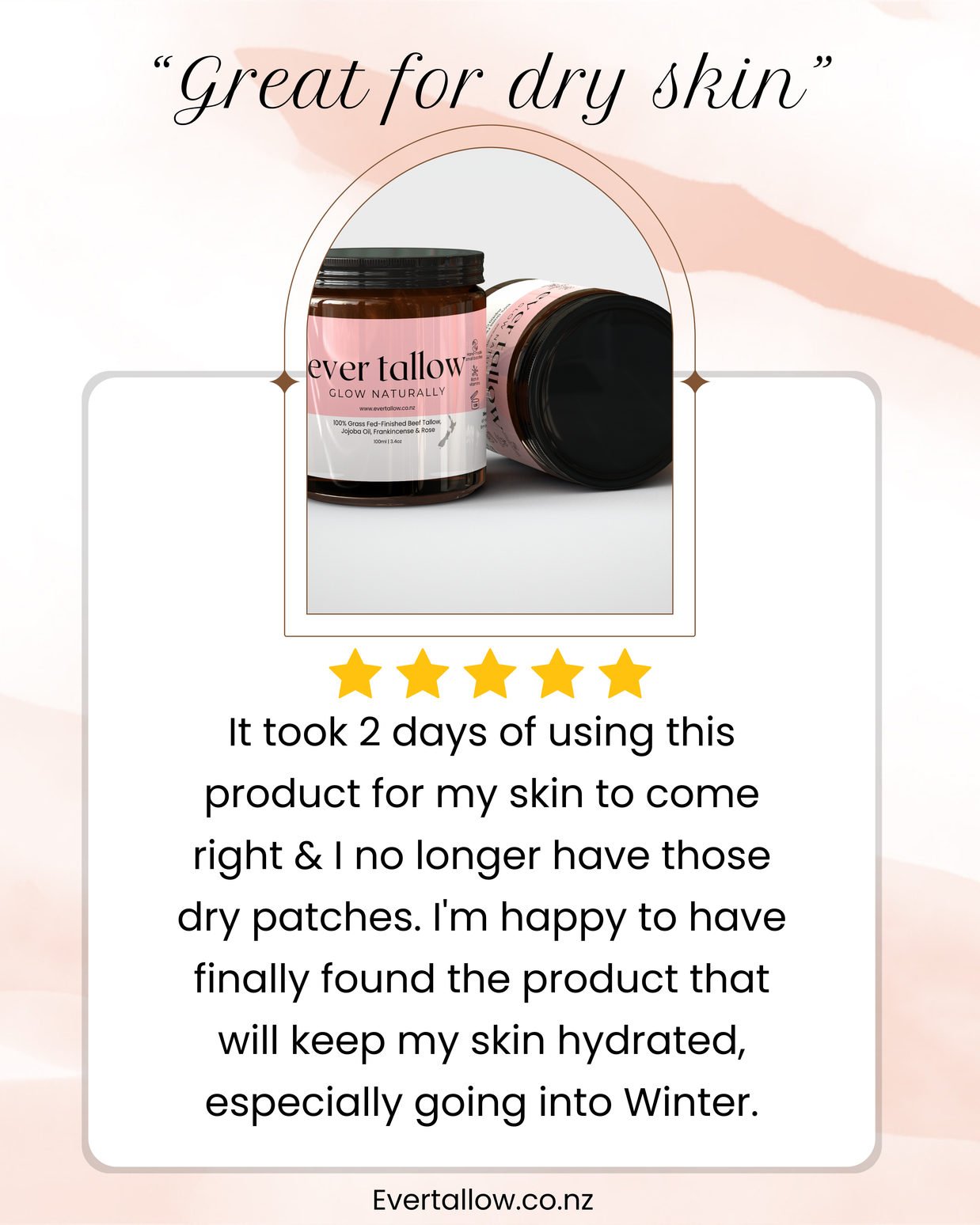 Five star rating testimonial for Ever Tallow Beef Tallow with Jojoba Oil, Frankincense, and Rose.