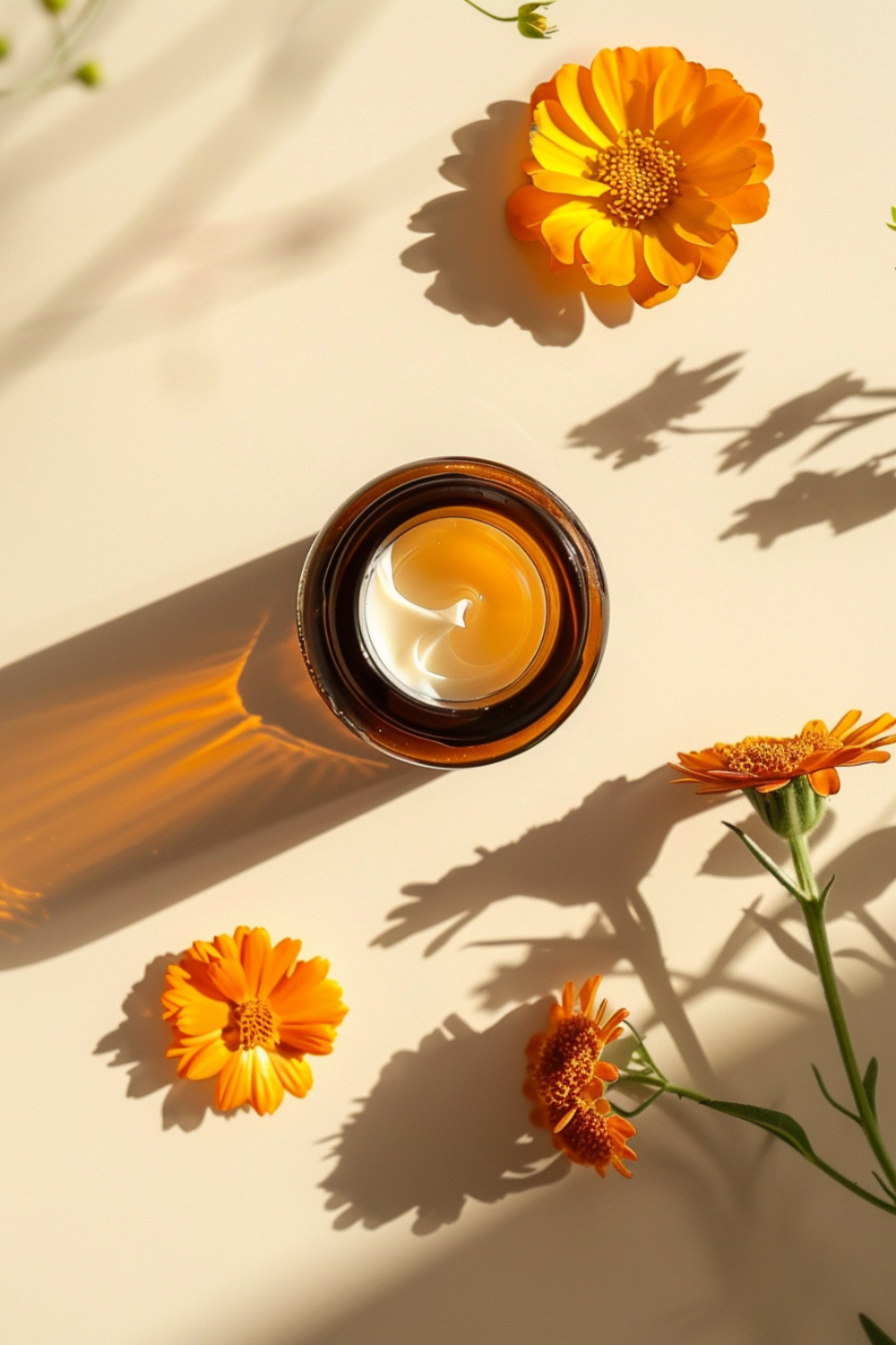 Beef_Tallow_Calendula_and_Rose_infused_Olive_Oil with orange calendula flowers on a beige background