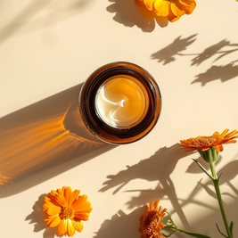 Beef_Tallow_Calendula_and_Rose_infused_Olive_Oil with orange calendula flowers on a beige background