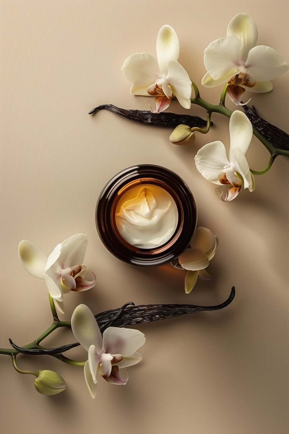 Beef Tallow infused with Vanilla Beans with vanilla beans and orchids on a beige background