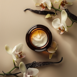 Beef Tallow infused with Vanilla Beans with vanilla beans and orchids on a beige background