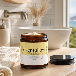 An amber glass jar of French Pear and Vanilla body butter sits on a light wood countertop in a bright bathroom setting, with its black lid placed beside it. A white sink, towel, and window view are visible in the background.
