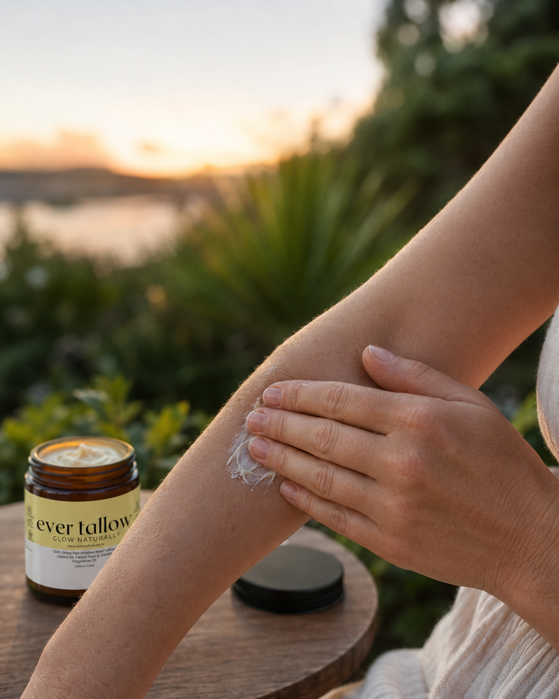 A person applying a French Pear and Vanilla Whipped Tallow cream from an amber glass jar outdoors at sunset, with a blurred natural background and the jar resting on a wooden table.