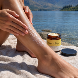 A person applies a French Pear and Vanilla Whipped Tallow butter to their leg outdoors on a sandy shore, with a lake and mountains in the background. 
