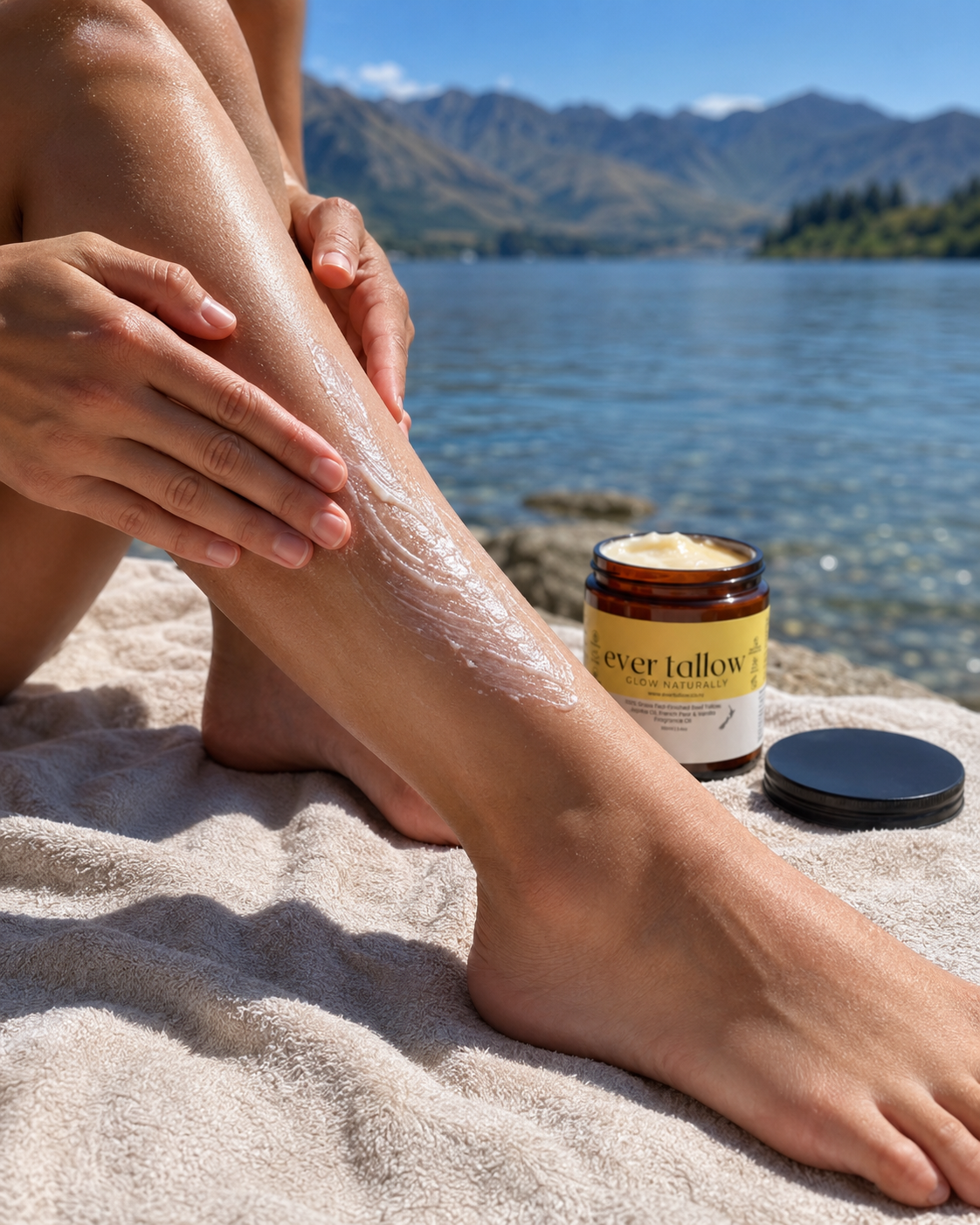 A person applies a French Pear and Vanilla Whipped Tallow butter to their leg outdoors on a sandy shore, with a lake and mountains in the background. 