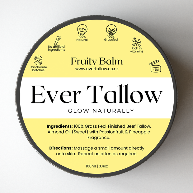 Ever Tallow balm container with yellow and black label on a white background