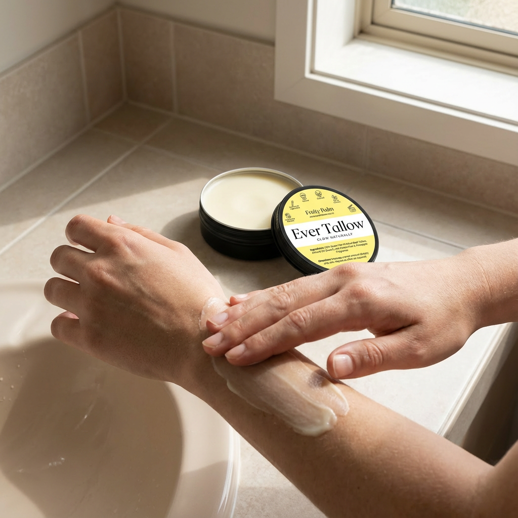 Hands applying Fruity tallow balm from a black metal tin onto the forearms.