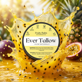 Fruity Balm in front of a bright splash of golden pineapple juice and vivid passionfruit pulp