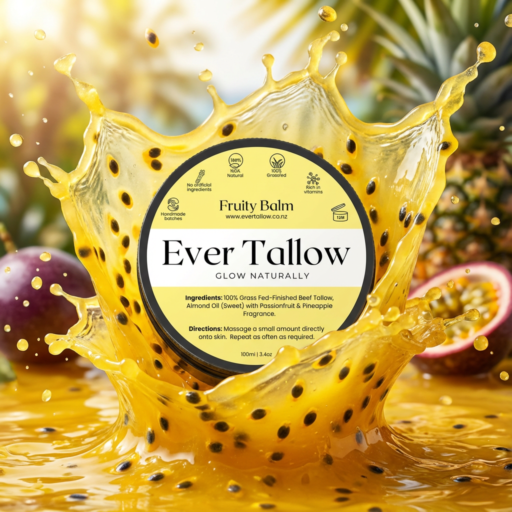 Fruity Balm in front of a bright splash of golden pineapple juice and vivid passionfruit pulp