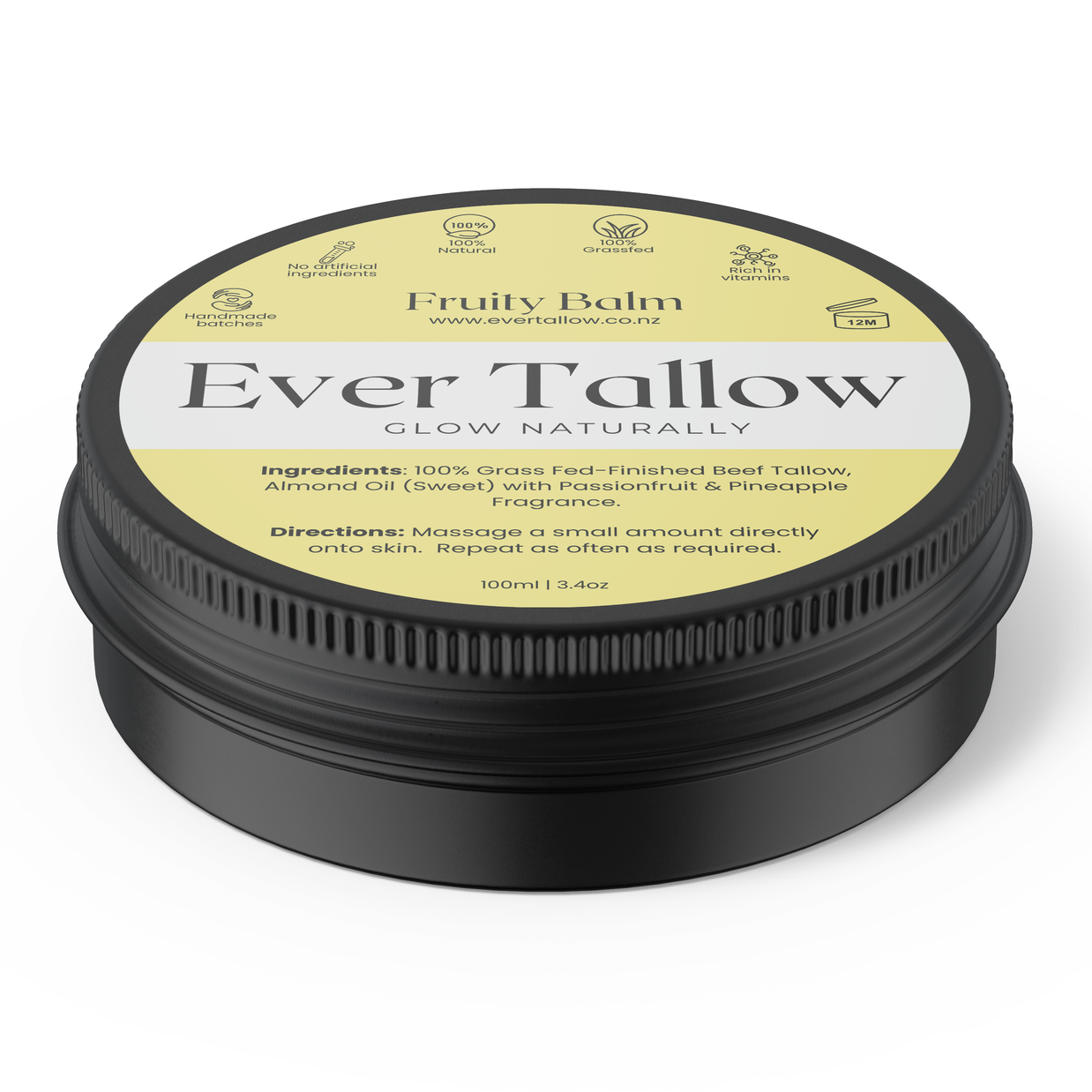 Ever Tallow Fruity balm container with black lid and yellow label on a white background