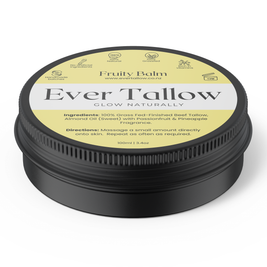 Ever Tallow Fruity balm container with black lid and yellow label on a white background